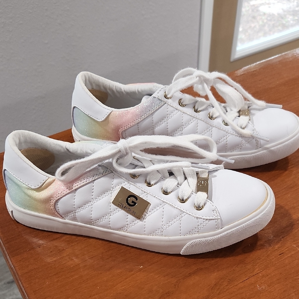 G by Guess Women's White Sneakers with Gold and Rainbow Accents